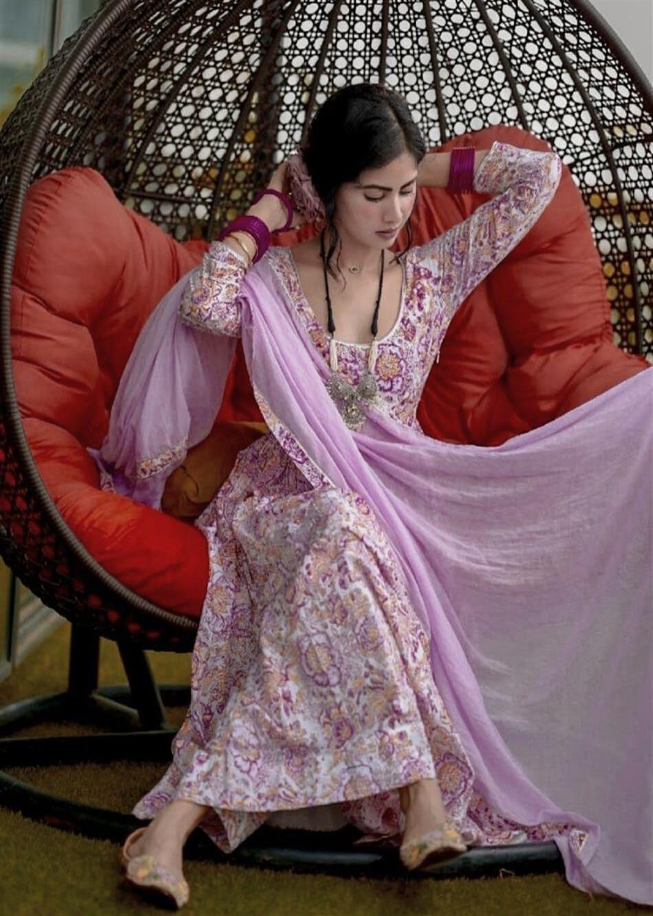 MOH Lilac Printed Anarkali Set (set of 3) By Jovi Fashion
