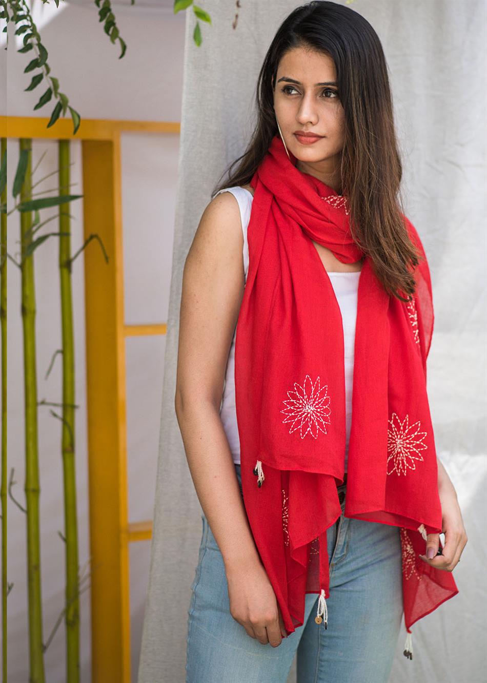 Balletic Mood - Red Hand Embroidered Scarf