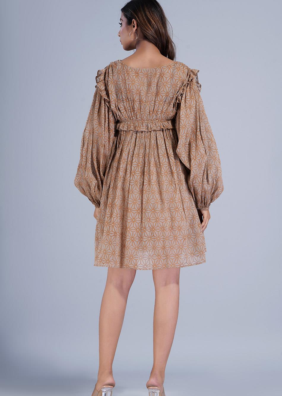 Brown Short Gathered Dress By Jovi Fashion
