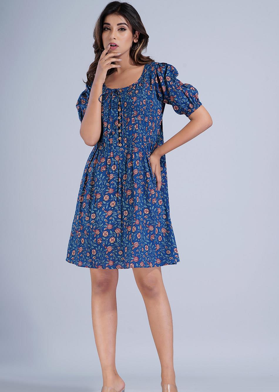 Blue Printed Short Dress By Jovi Fashion