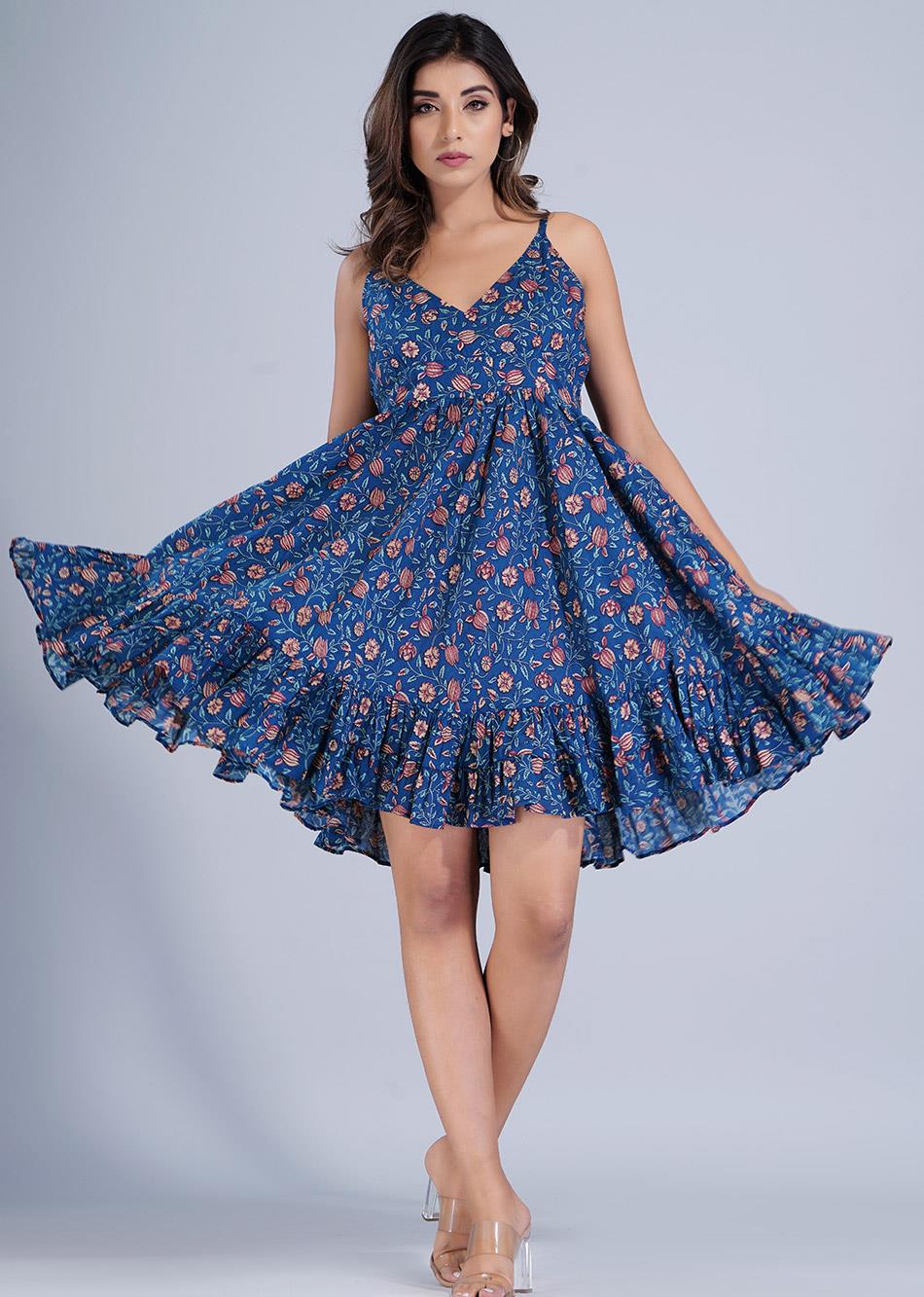 Blue Printed Strappy Dress