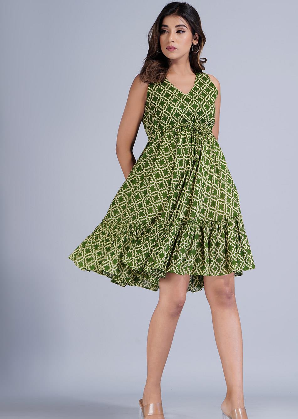 Green Printed Short Tier Dress By Jovi Fashion
