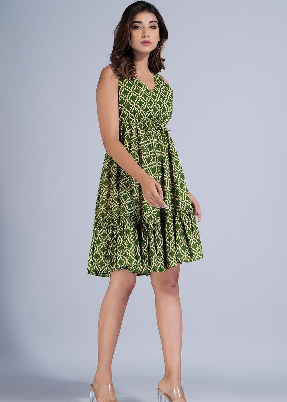 Green Printed Short Tier Dress By Jovi Fashion