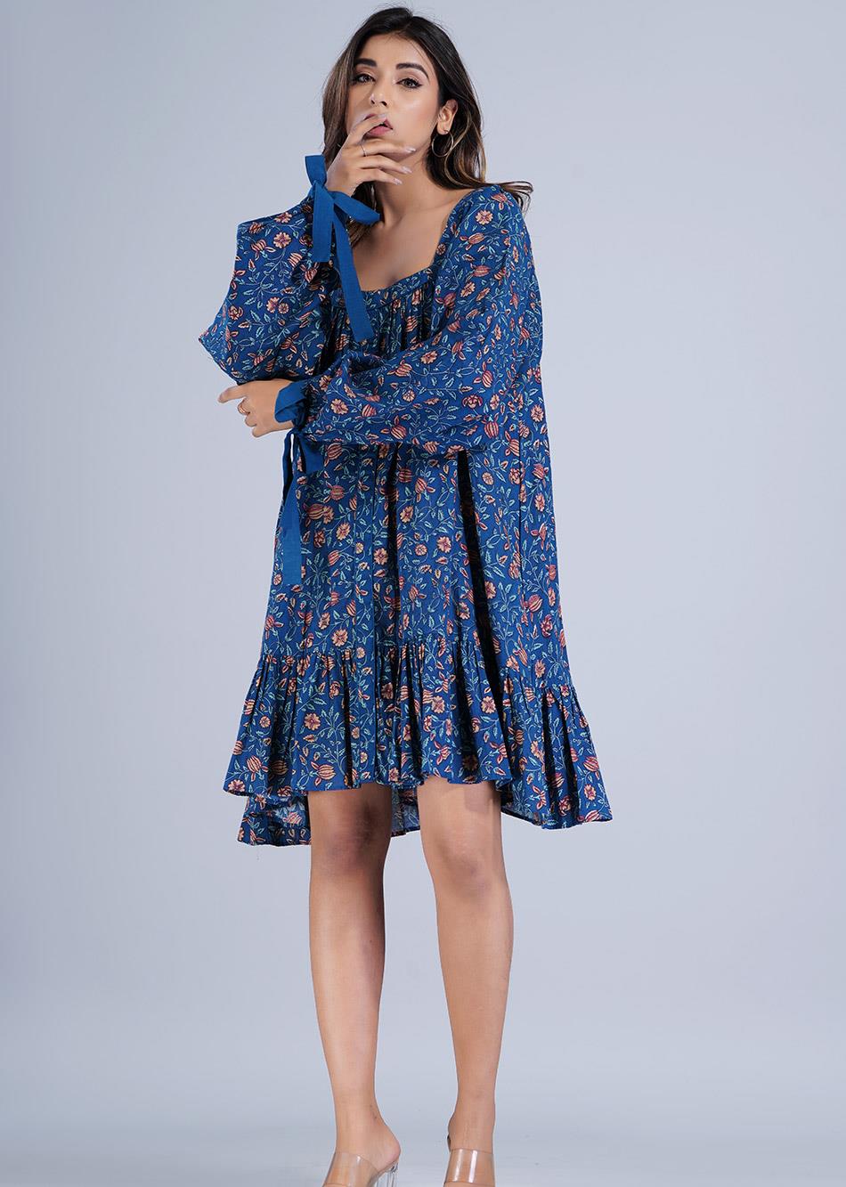 Blue Loose Fit Dress with Tied Sleeves By Jovi Fashion
