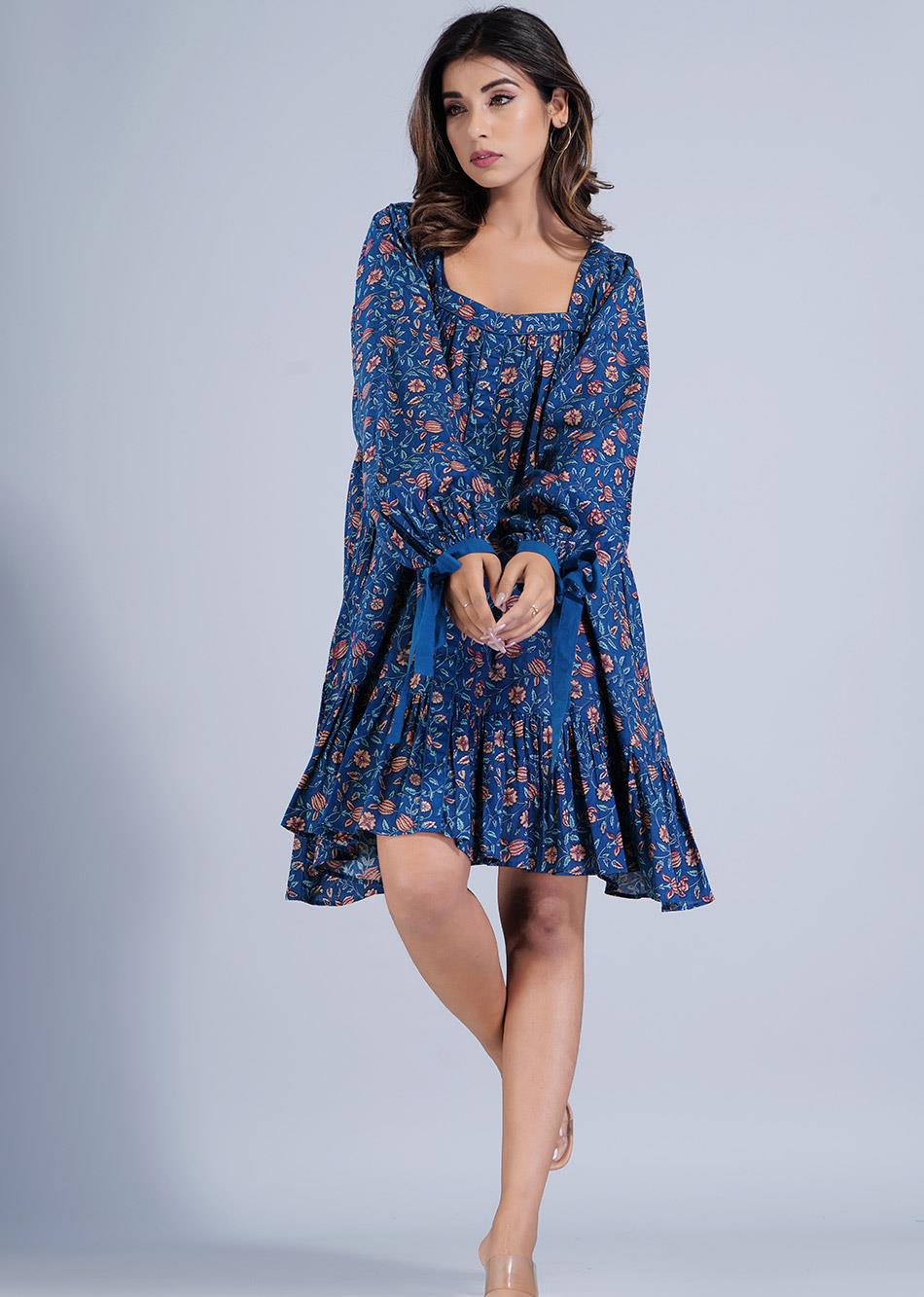 Blue Loose Fit Dress with Tied Sleeves