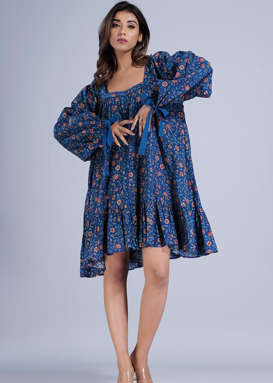 Blue Loose Fit Dress with Tied Sleeves By Jovi Fashion
