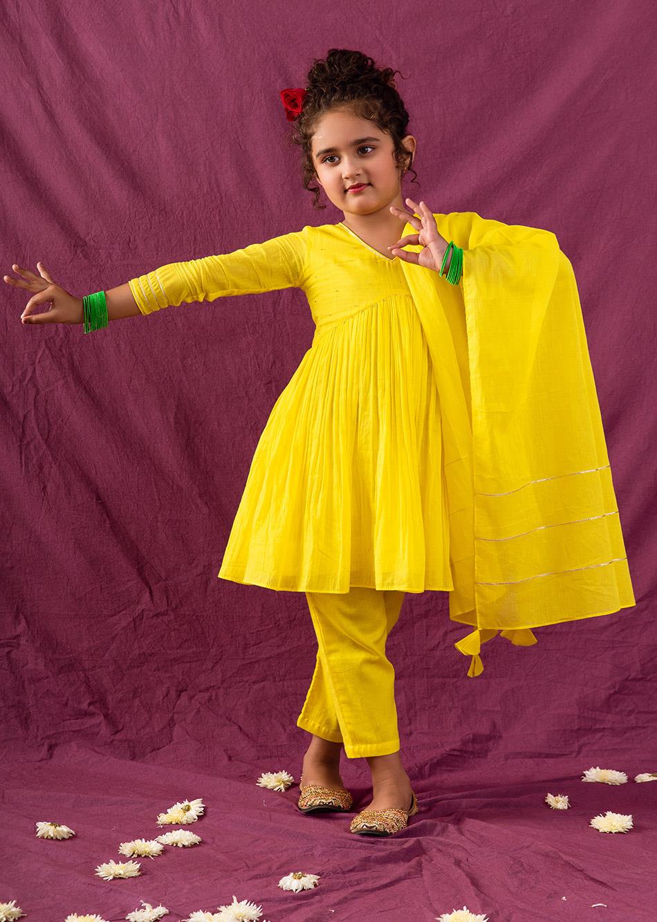 Jiyara Neon Yellow Cross Gather Anarkali (Set of 3)