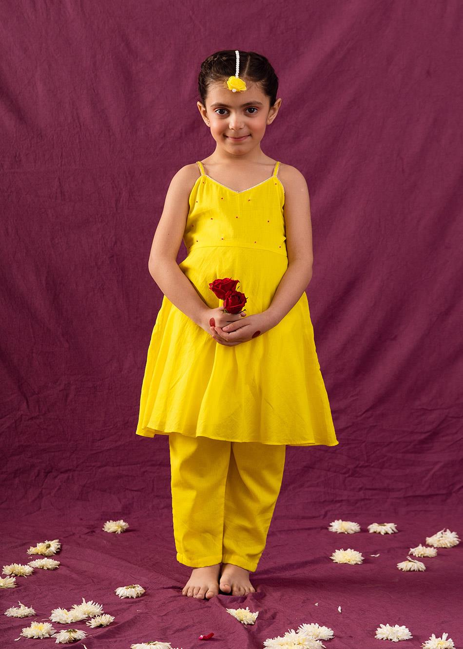 Jiyara Neon Yellow Strappy Anarkali (Set Of 3)