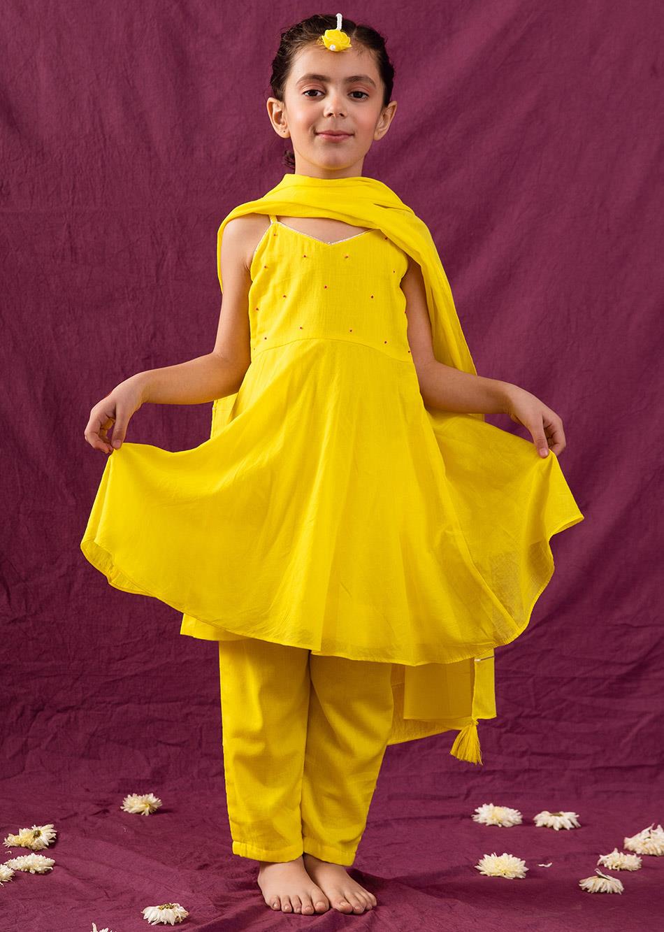 Jiyara Neon Yellow Strappy Anarkali (Set Of 3)