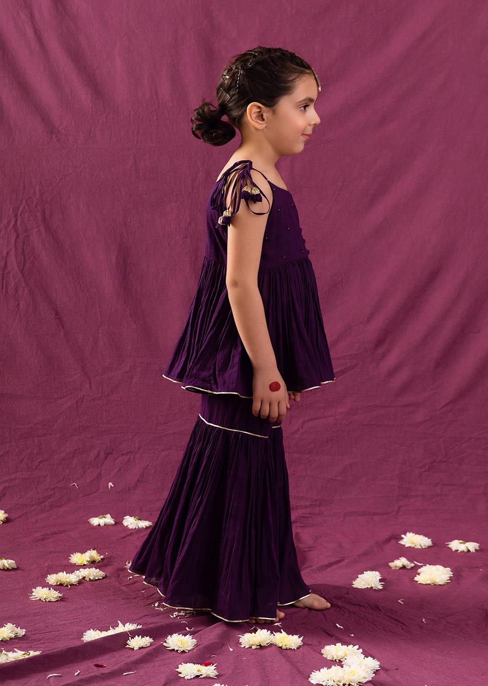 Jiyara Purple Peplum Top and Sharara (Set of 3) By Jovi Fashion
