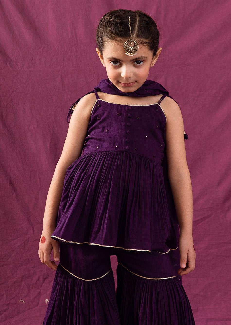 Jiyara Purple Peplum Top and Sharara (Set of 3) By Jovi Fashion
