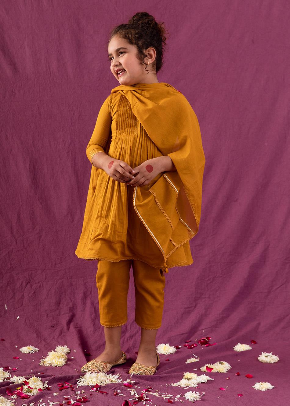 Jiyara Mustard Pin-Tucks Anarkali (Set of 3) By Jovi Fashion