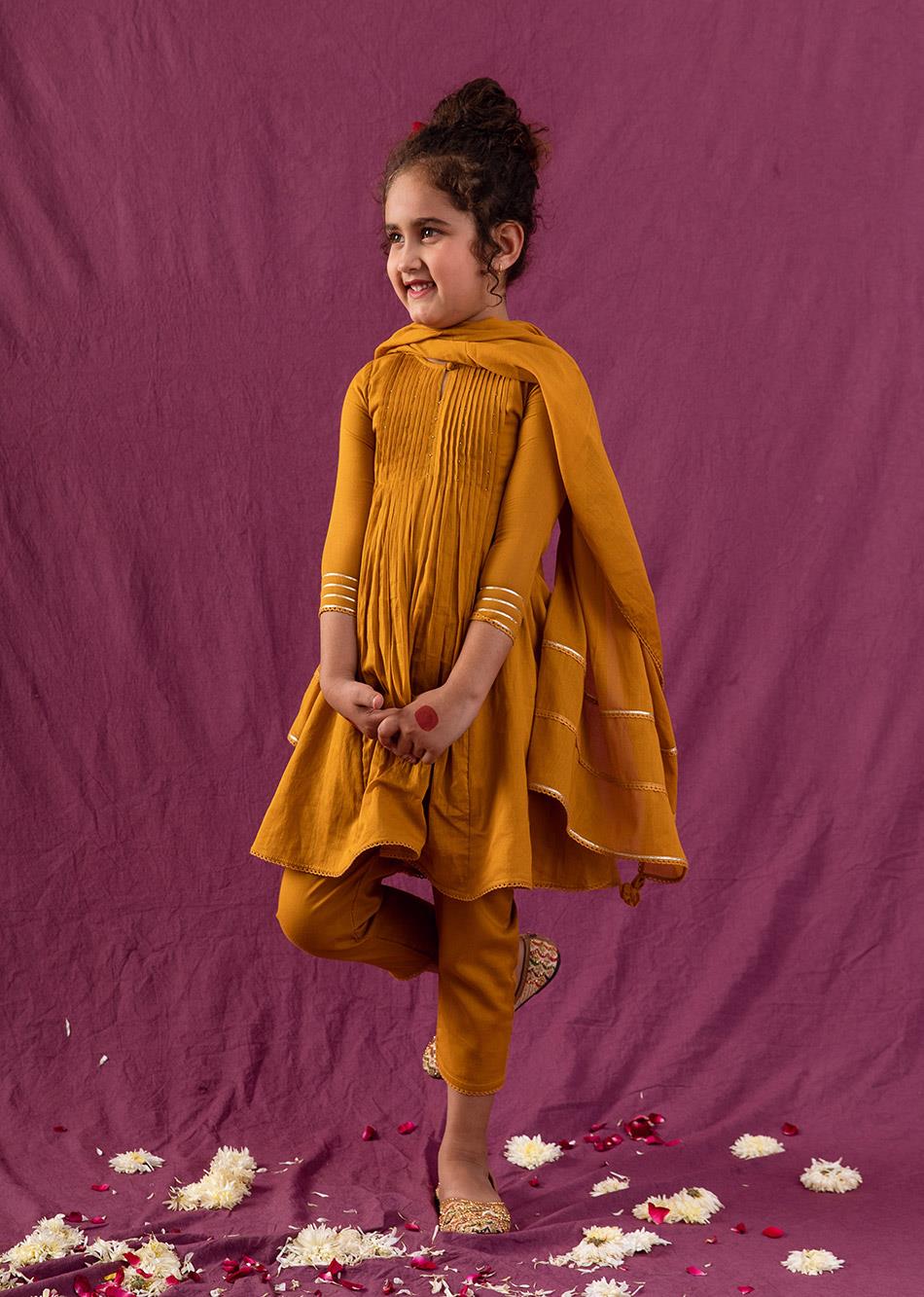 Jiyara Mustard Pin-Tucks Anarkali (Set of 3)