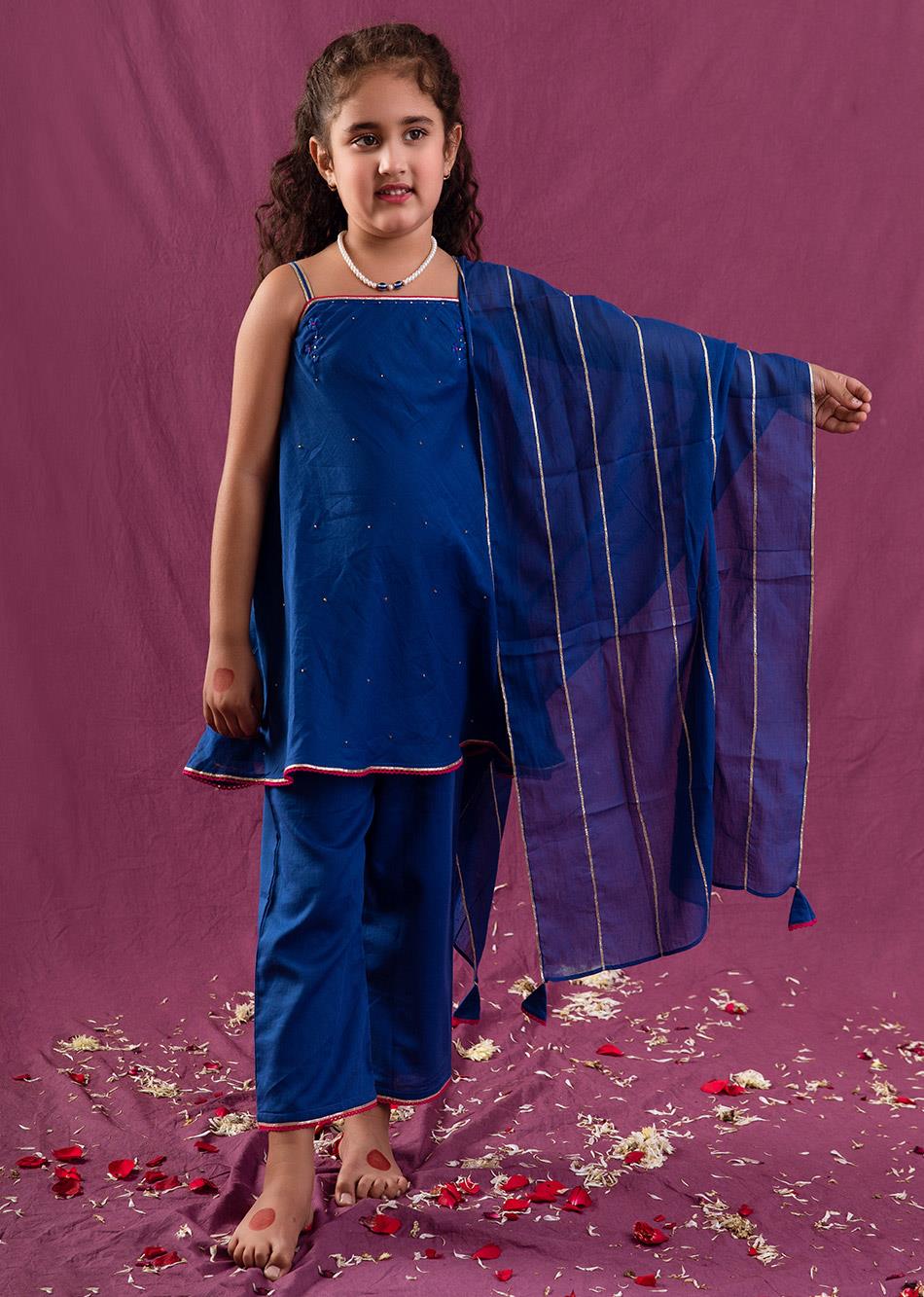 Jiyara Blue Strappy Anarkali with Palazzo (Set of 3) By Jovi Fashion