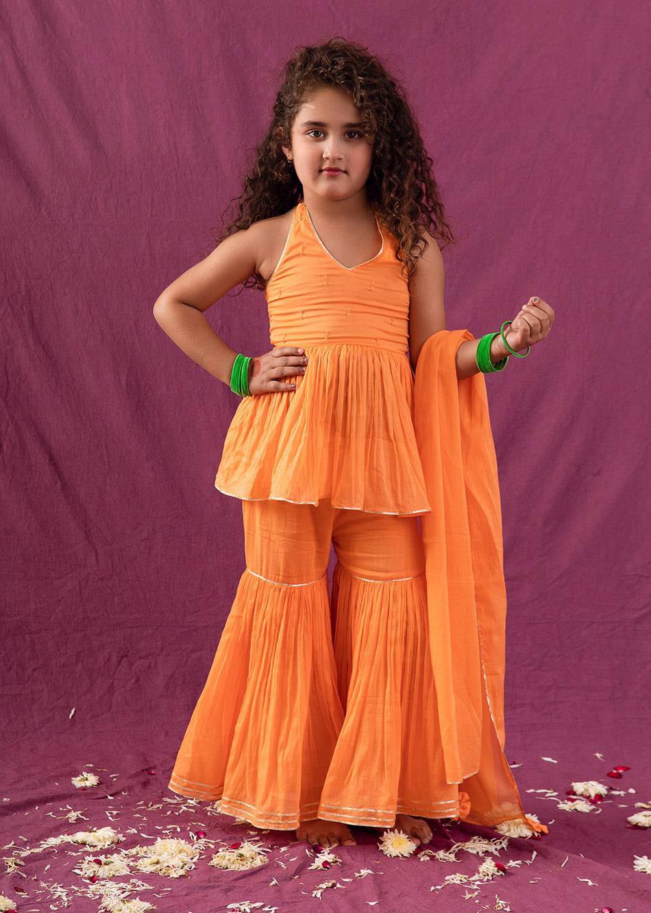 Jiyara Orange Halter Peplum Top and Sharara Set (Set of 3)