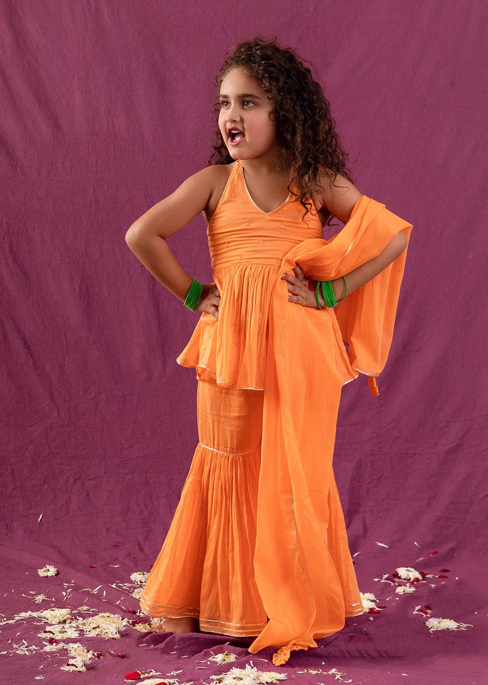 Jiyara Orange Halter Peplum Top and Sharara Set (Set of 3) By Jovi Fashion