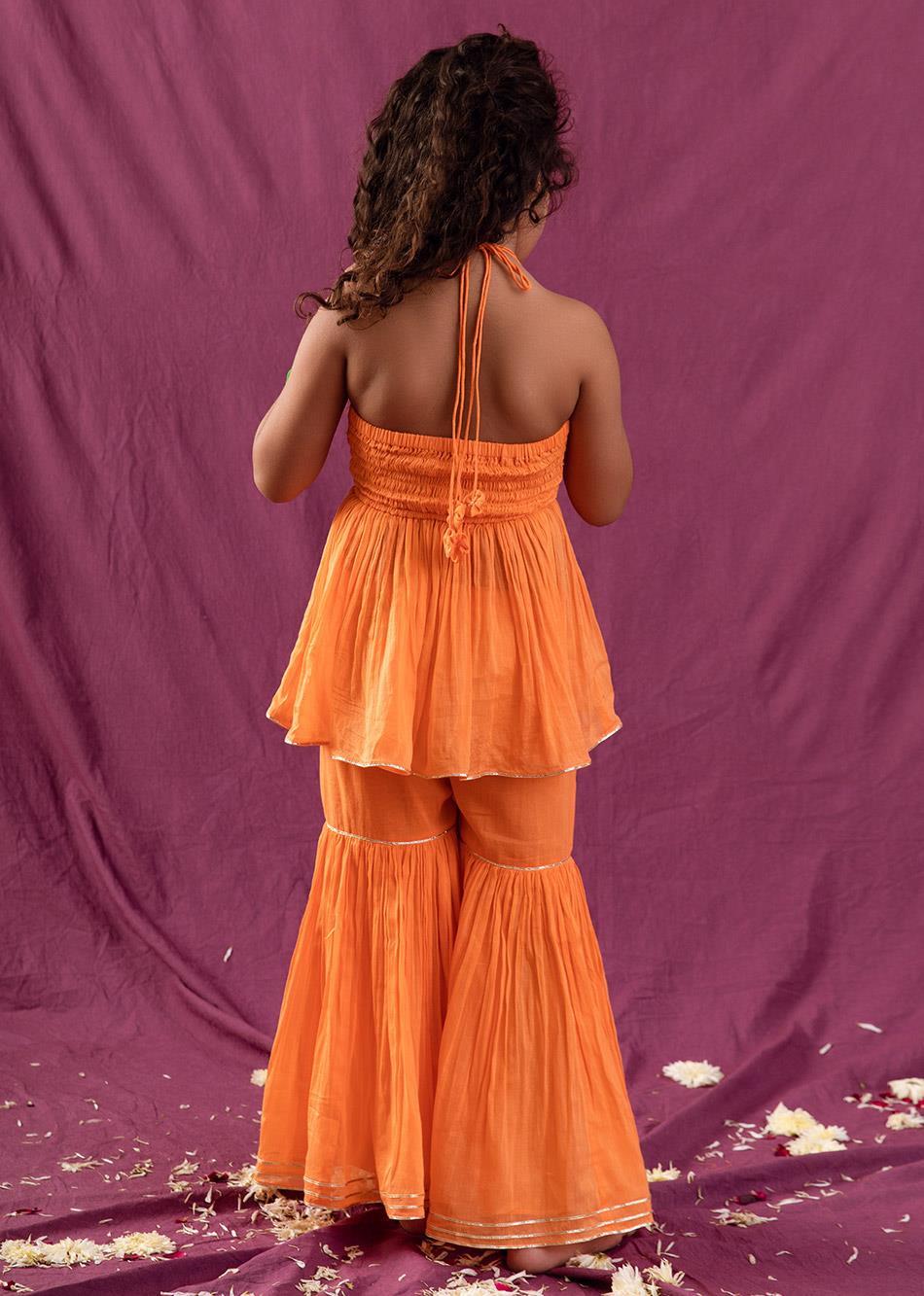 Jiyara Orange Halter Peplum Top and Sharara Set (Set of 3) By Jovi Fashion