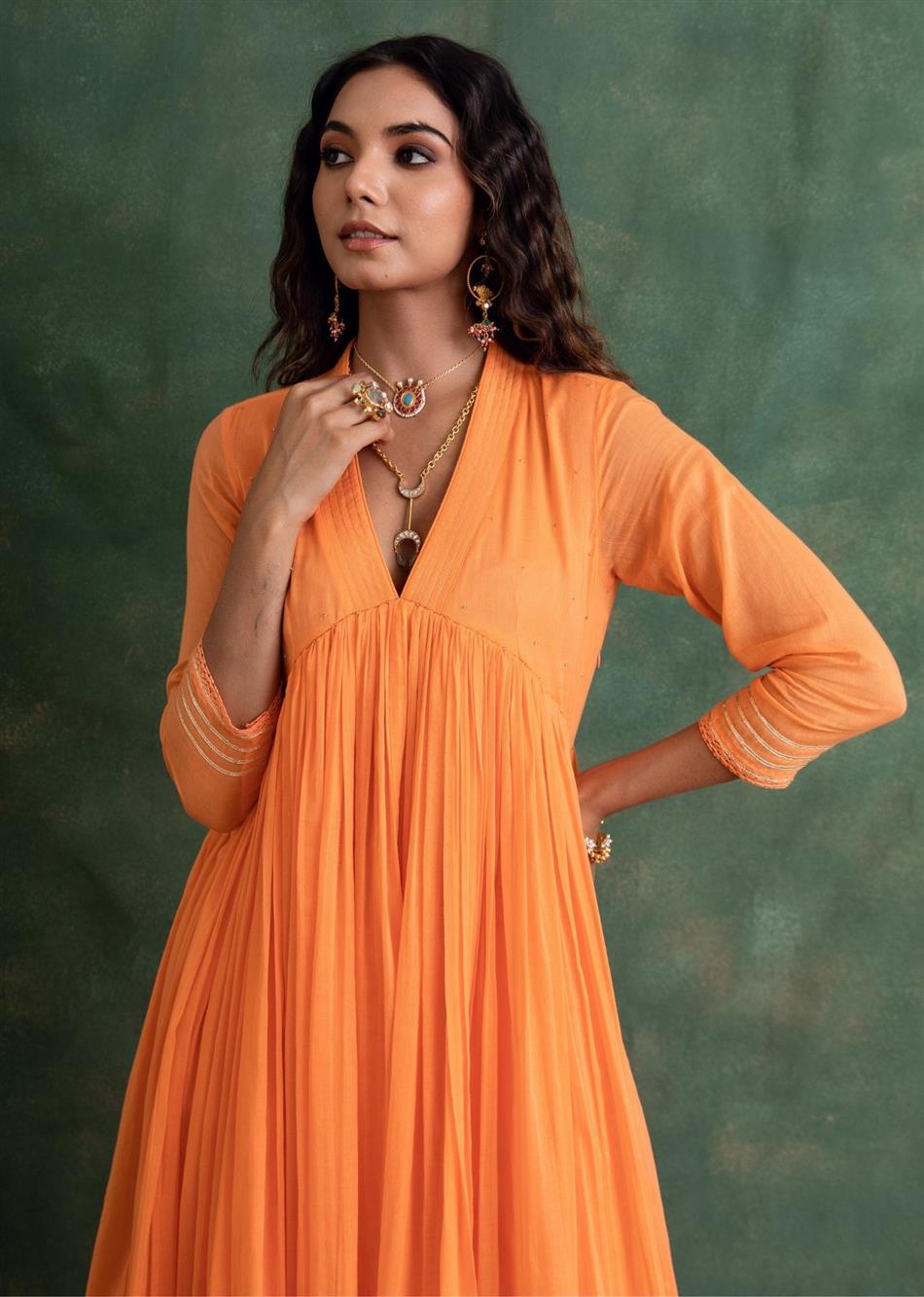 Rangrezee - Candy Orange Collar neck Anarkali Kurta 