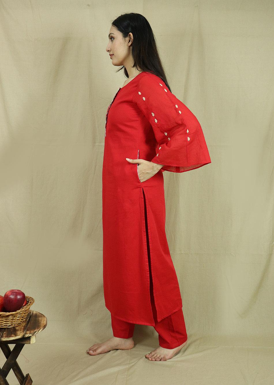 Red Straight Kurta Set By Jovi Fashion