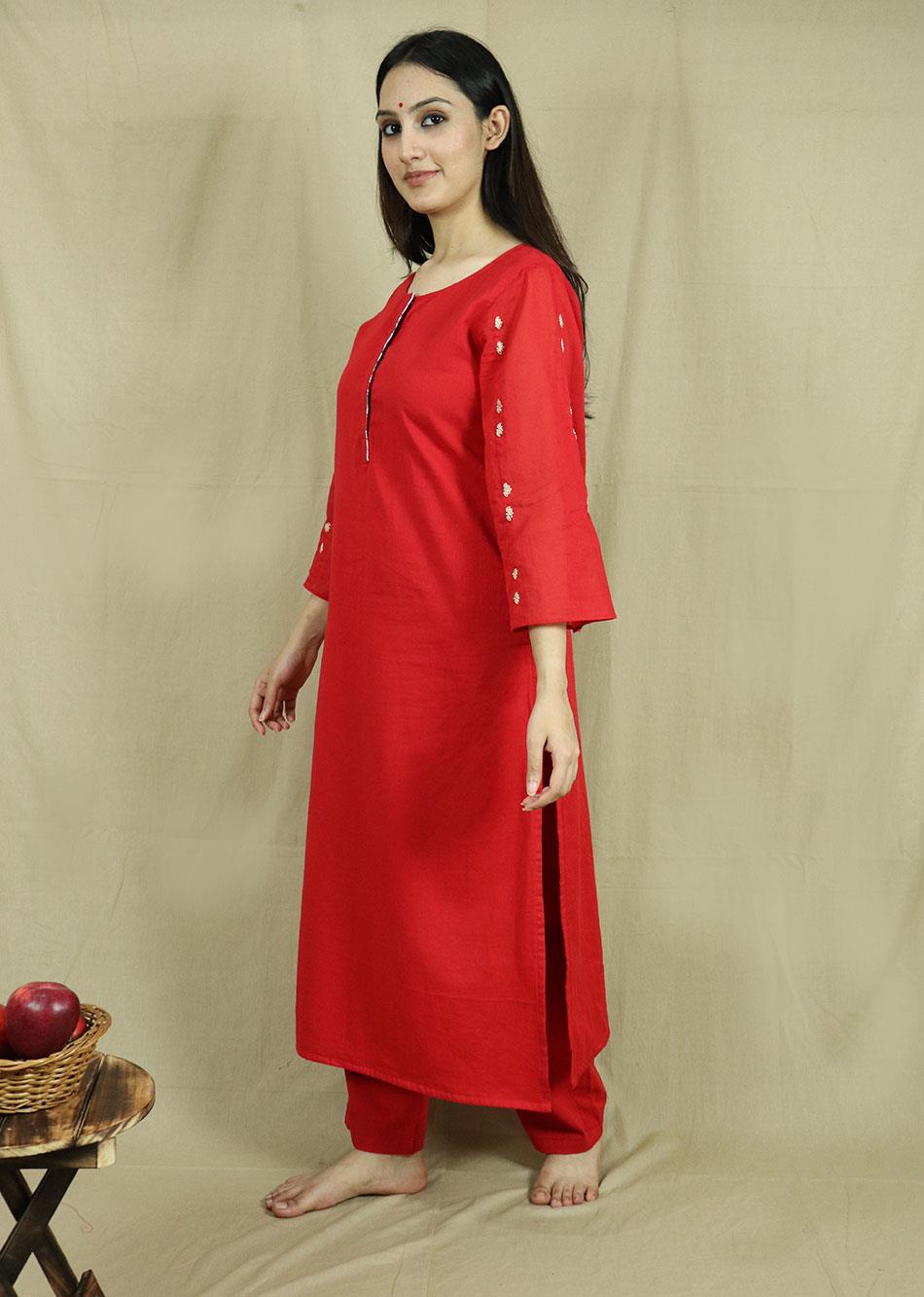 Red Straight Kurta Set By Jovi Fashion