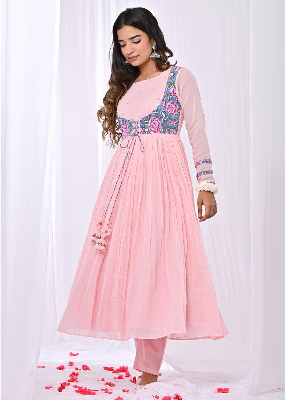 Manika Pink Gathered Anarkali (Set of 3) By Jovi Fashion