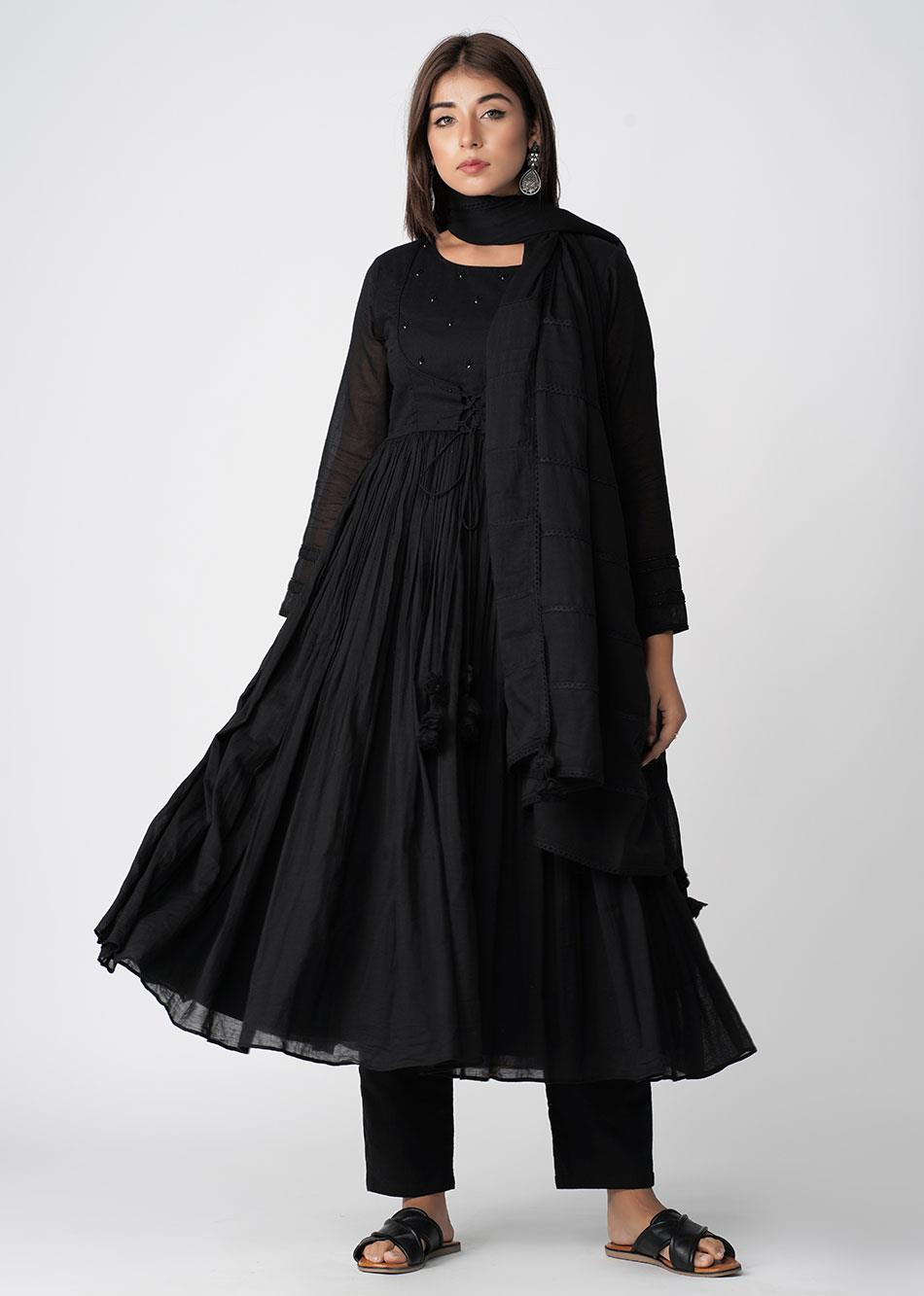 Manika Black Gathered Jacket  Anarkali (Set of 3) By Jovi Fashion