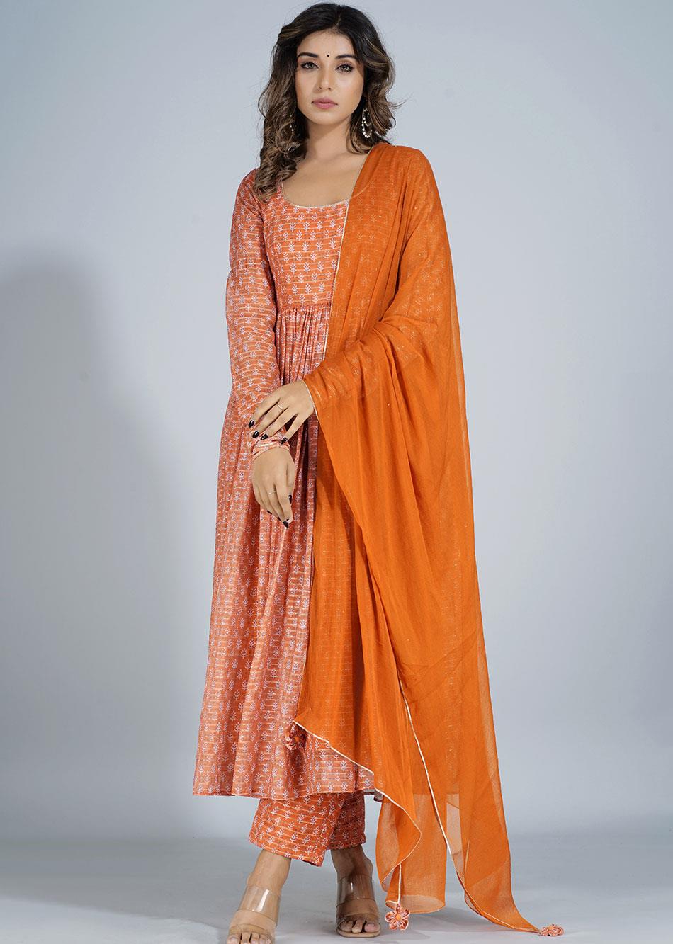 Chhapai Tangerine Gathered Anarkali (Set of 3) By Jovi Fashion
