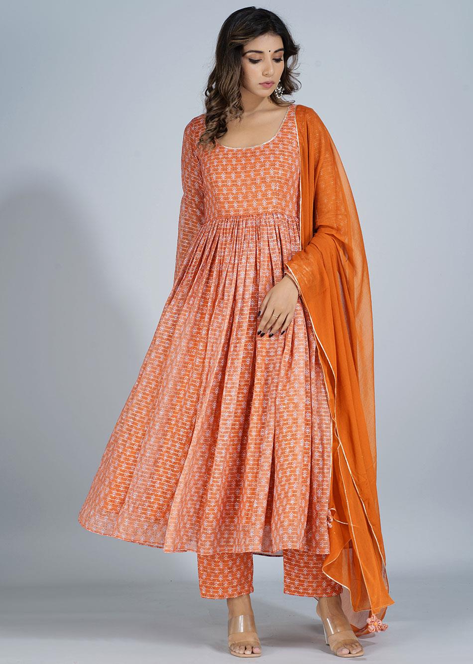 Chhapai Tangerine Gathered Anarkali (Set of 3) By Jovi Fashion