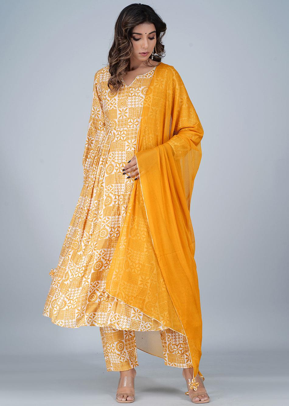 Honey Yellow Gathered Anarkali (Set of 3) By Jovi Fashion