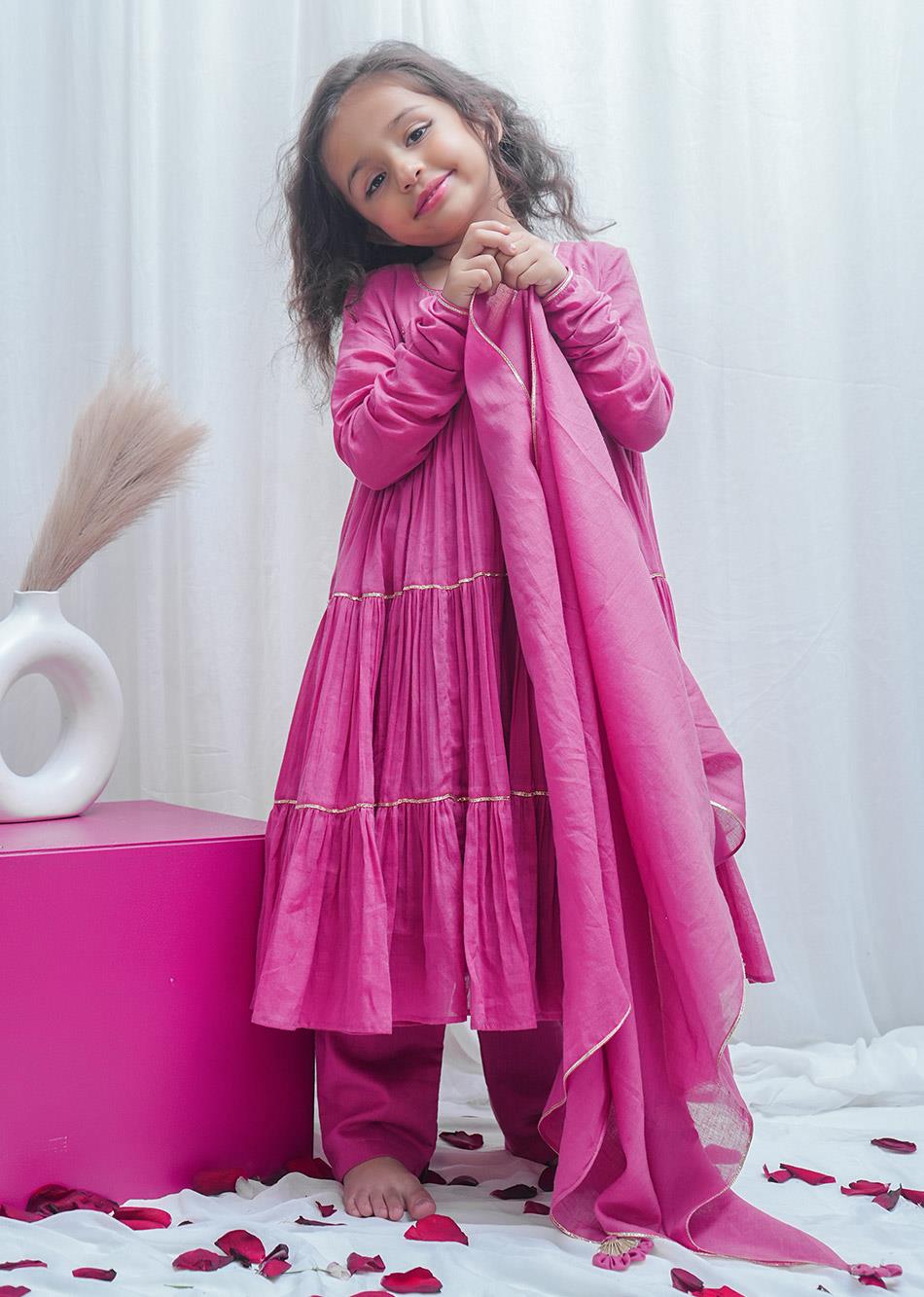 Jiyara Pink Tiered Anarkali (Set Of 3) By Jovi Fashion