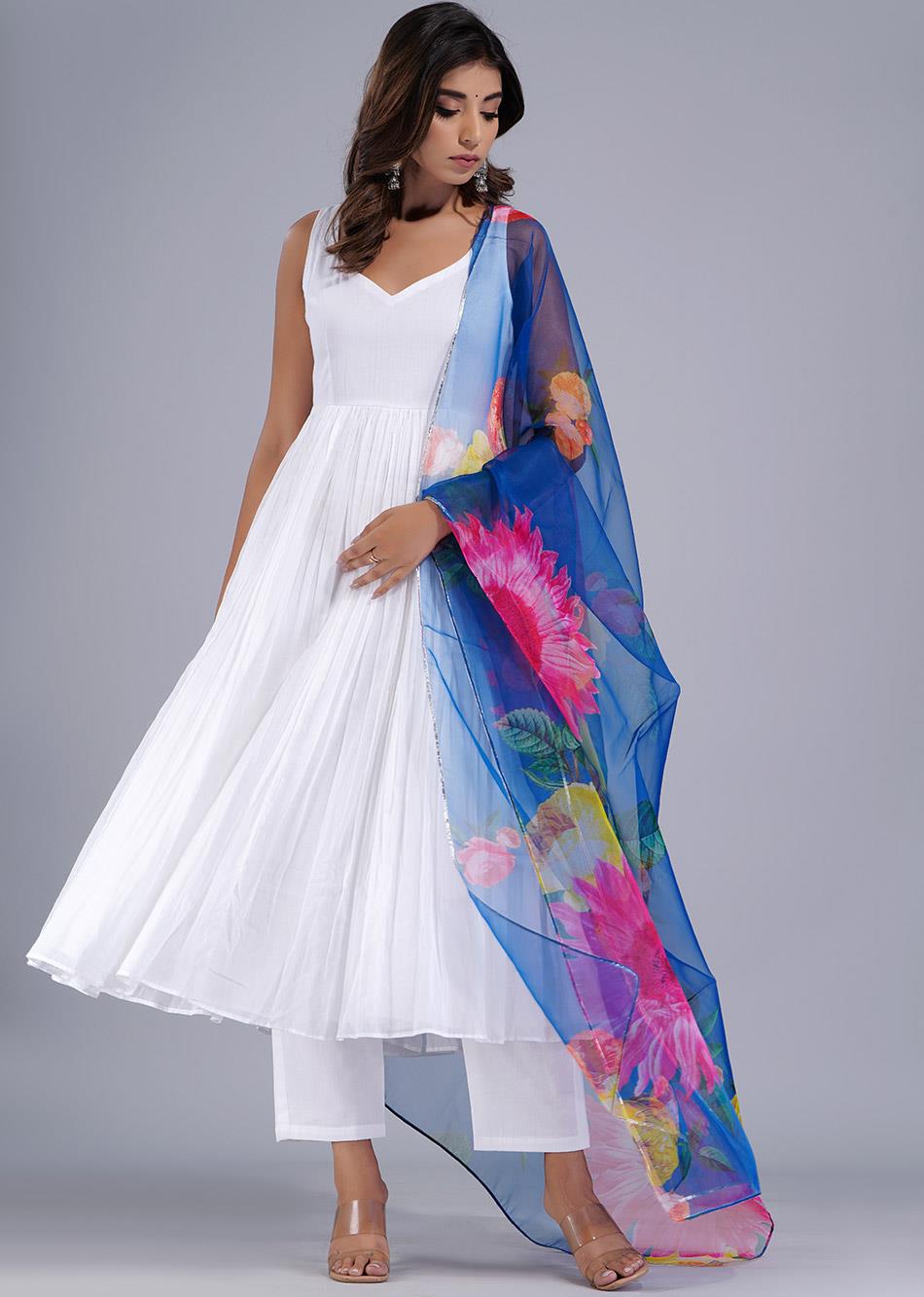 White Gathered Anarkali with Blue Floral Organza Dupatta By Jovi Fashion