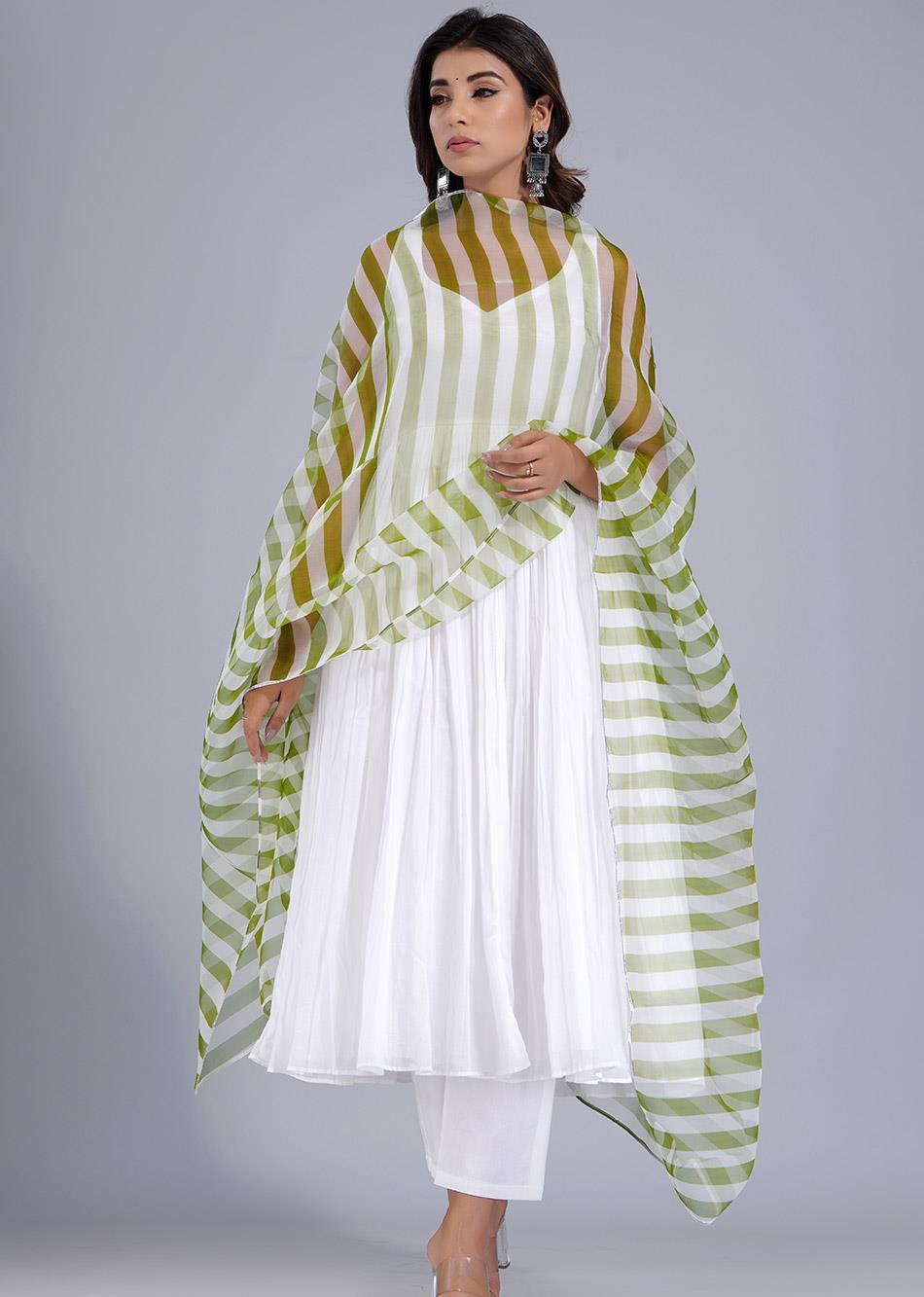 White Gathered Anarkali with  Green Stripes Dupatta By Jovi Fashion