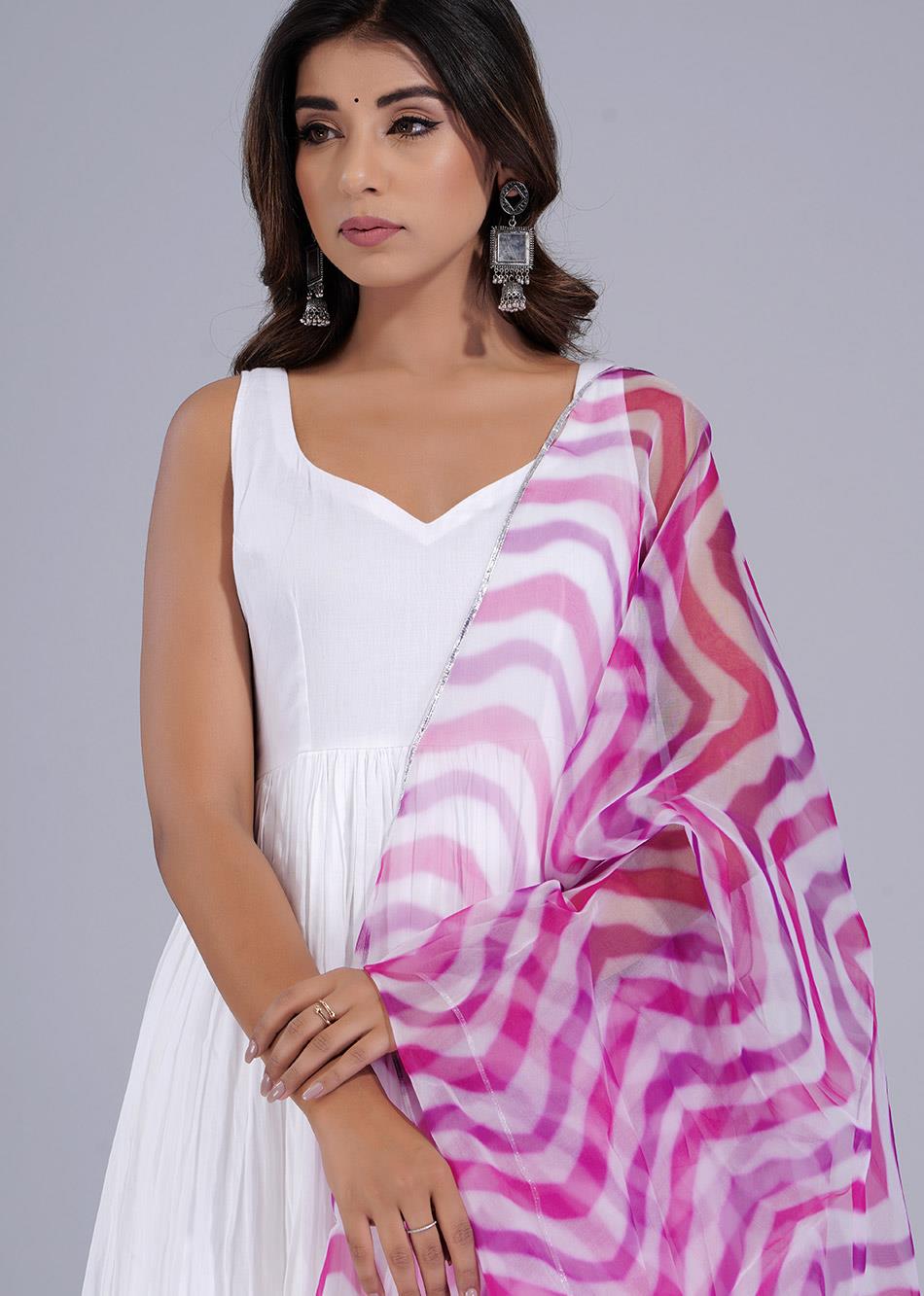 White Gathered Anarkali with Pink Stripes Dupatta By Jovi Fashion