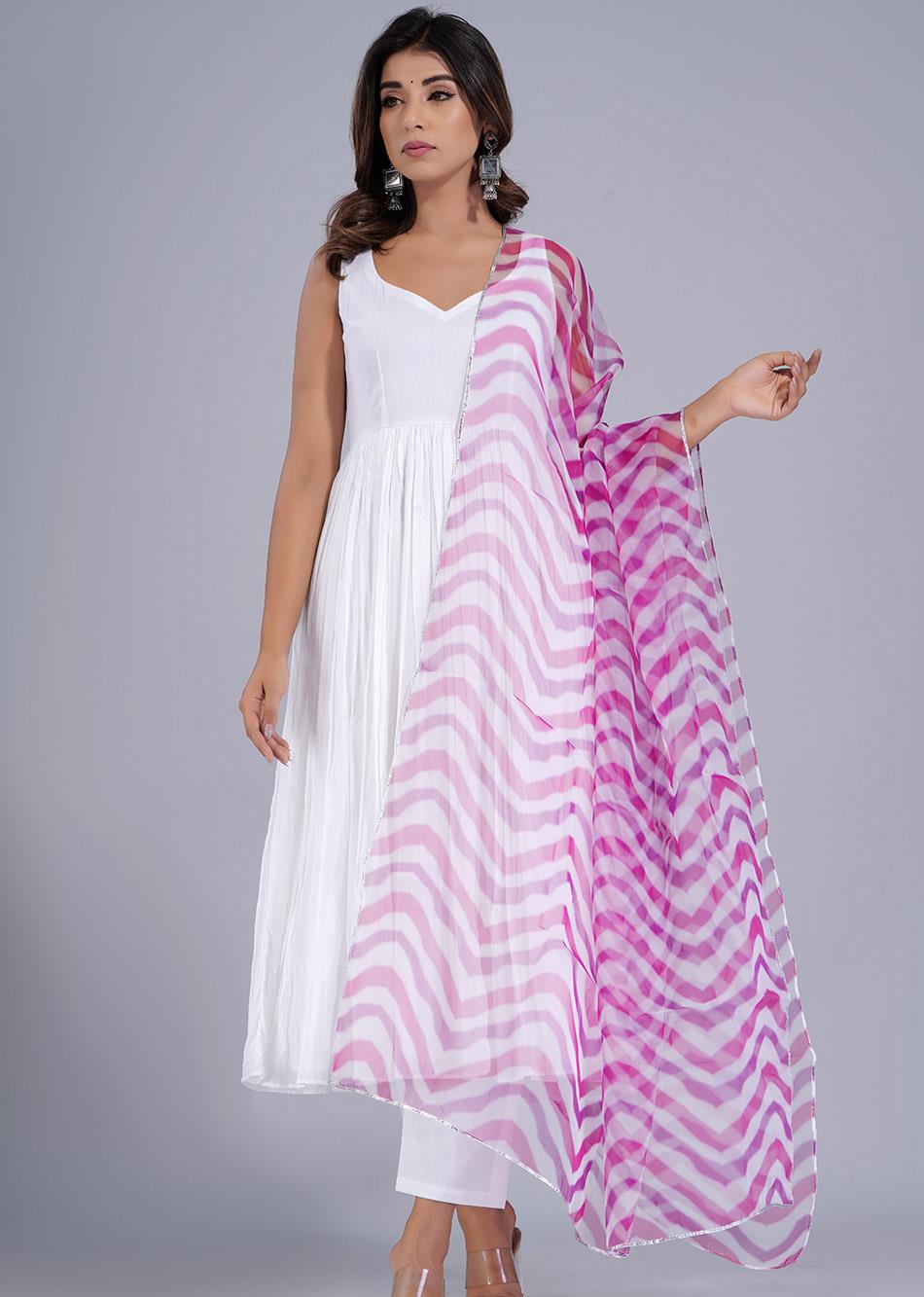 White Gathered Anarkali with Pink Stripes Dupatta By Jovi Fashion