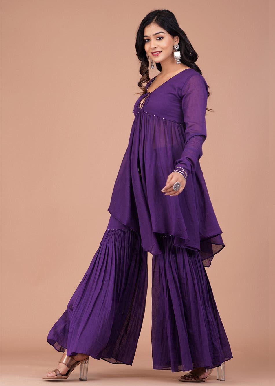 Purple High-Low Top and Sharara (Set of 3) By Jovi Fashion