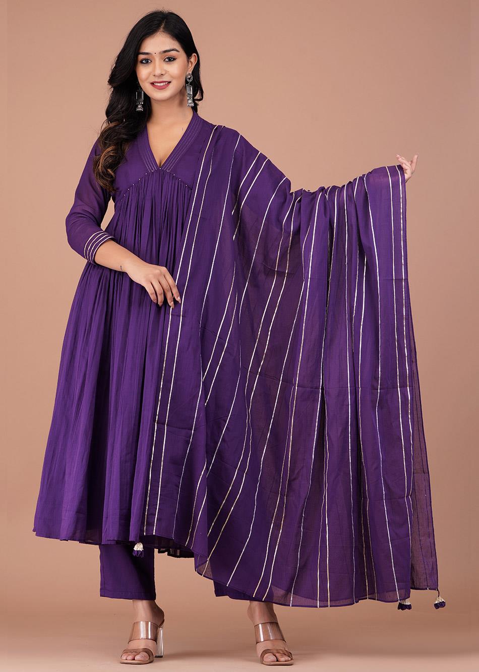 Purple V-Neck Anarkali Set (Set of 3) By Jovi Fashion