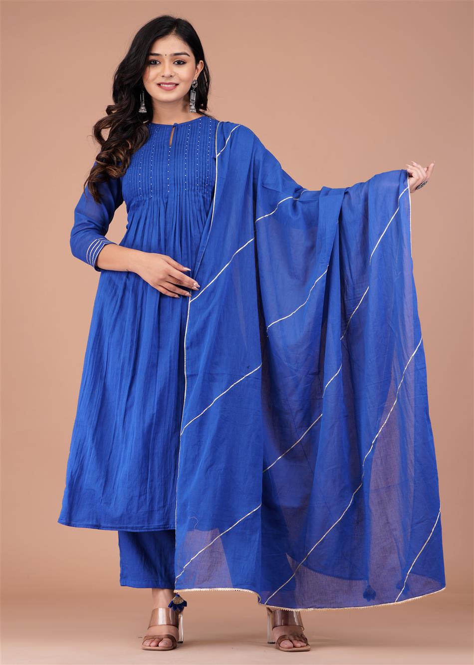 Blue Pin tucks Anarkali and Pant (Set of 3) By Jovi Fashion