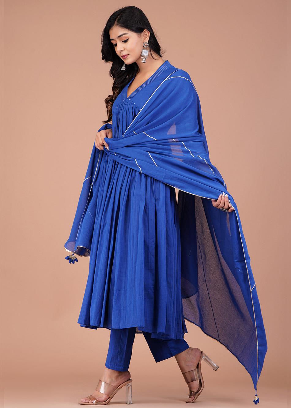 Blue V-Neck Anarkali (Set of 3) By Jovi Fashion