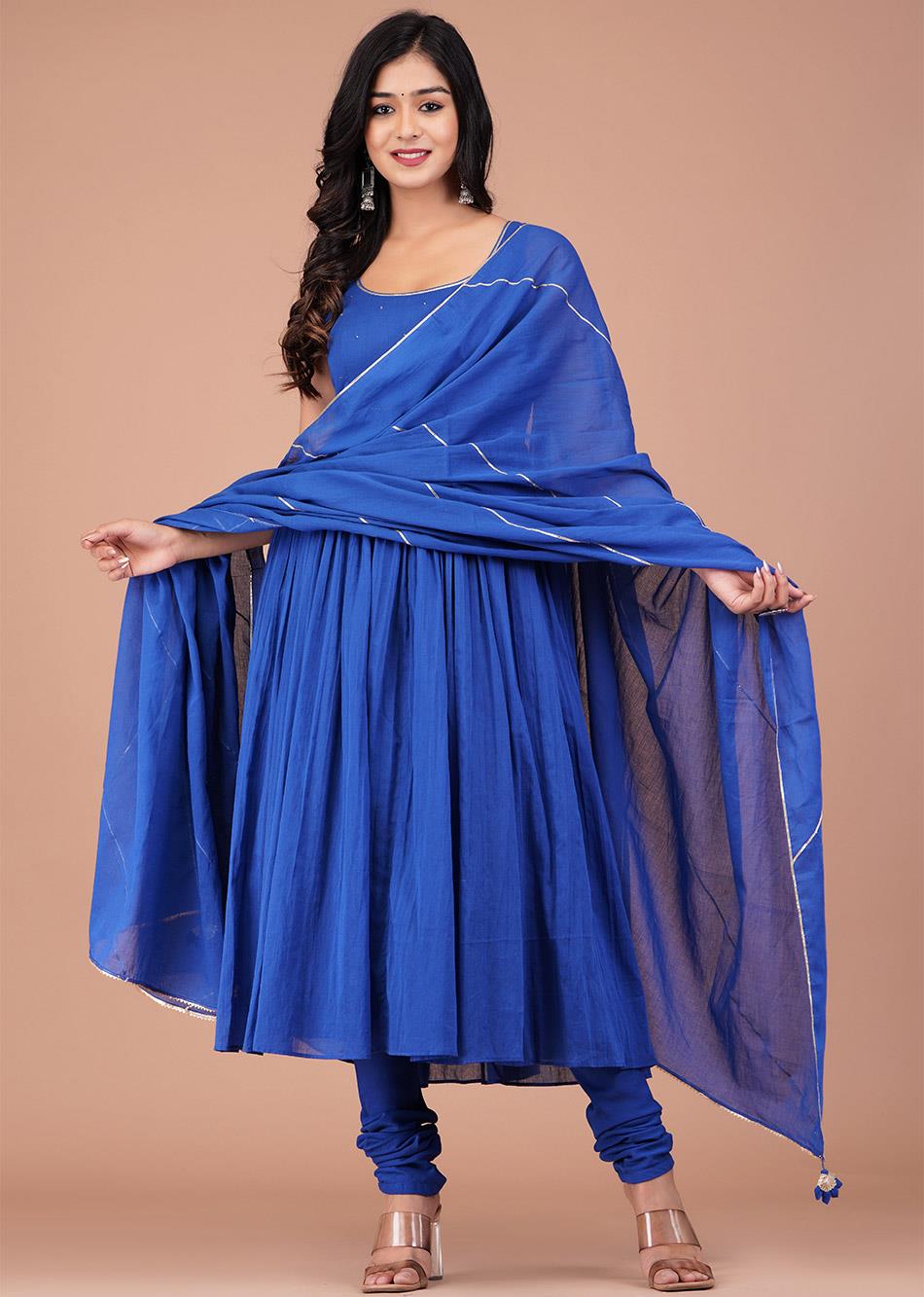 Blue Sleeveless Gathered Anarkali (Set of 3) By Jovi Fashion