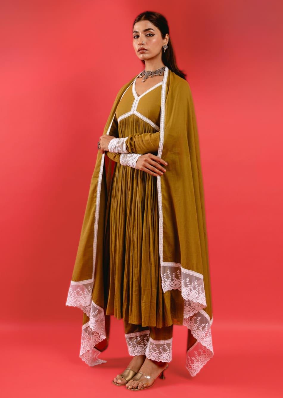 Olive Gathered Anarkali (Set of 3) By Jovi Fashion
