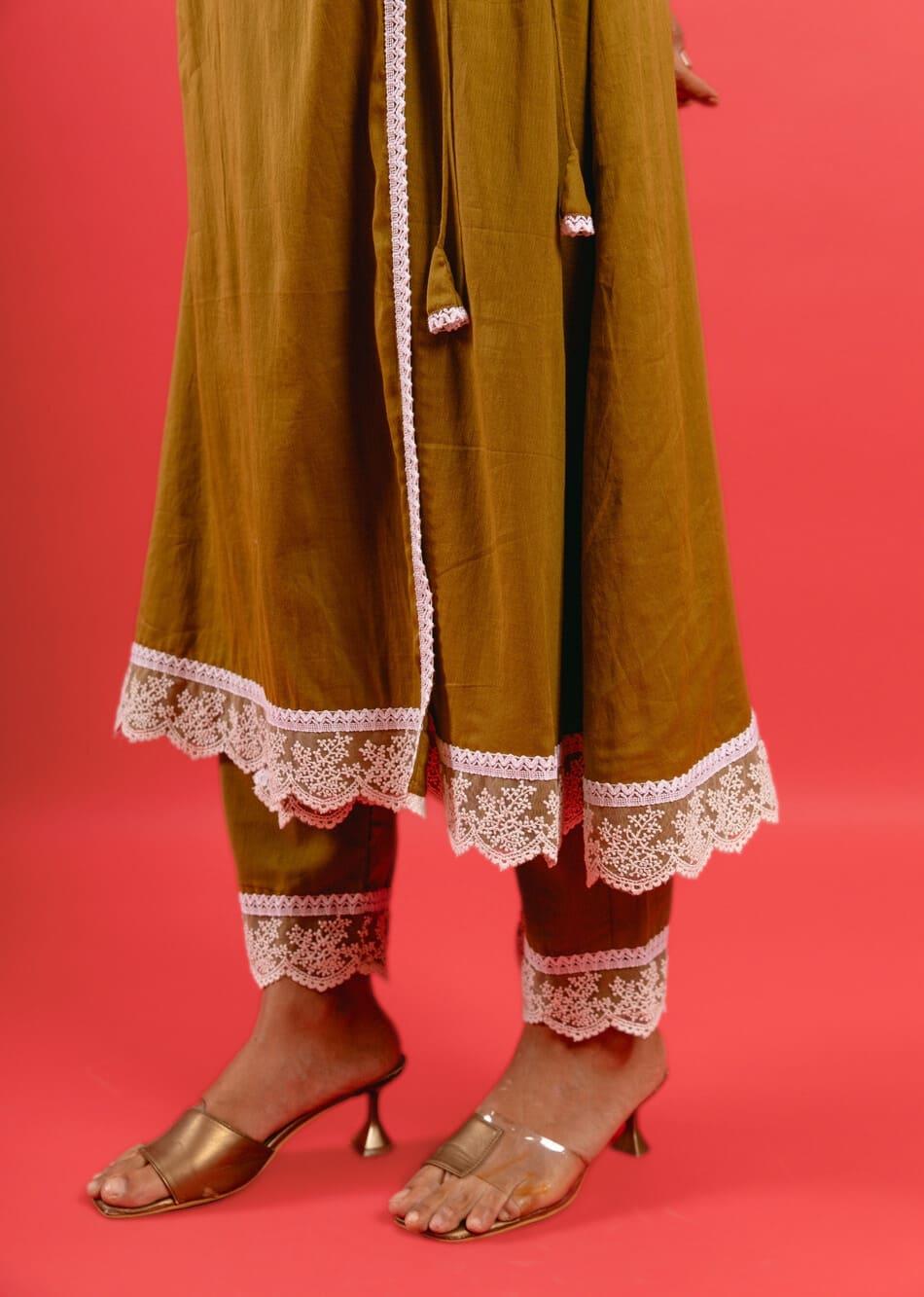 Olive Angrakha Kurta with Pants (Set of 2) By Jovi Fashion