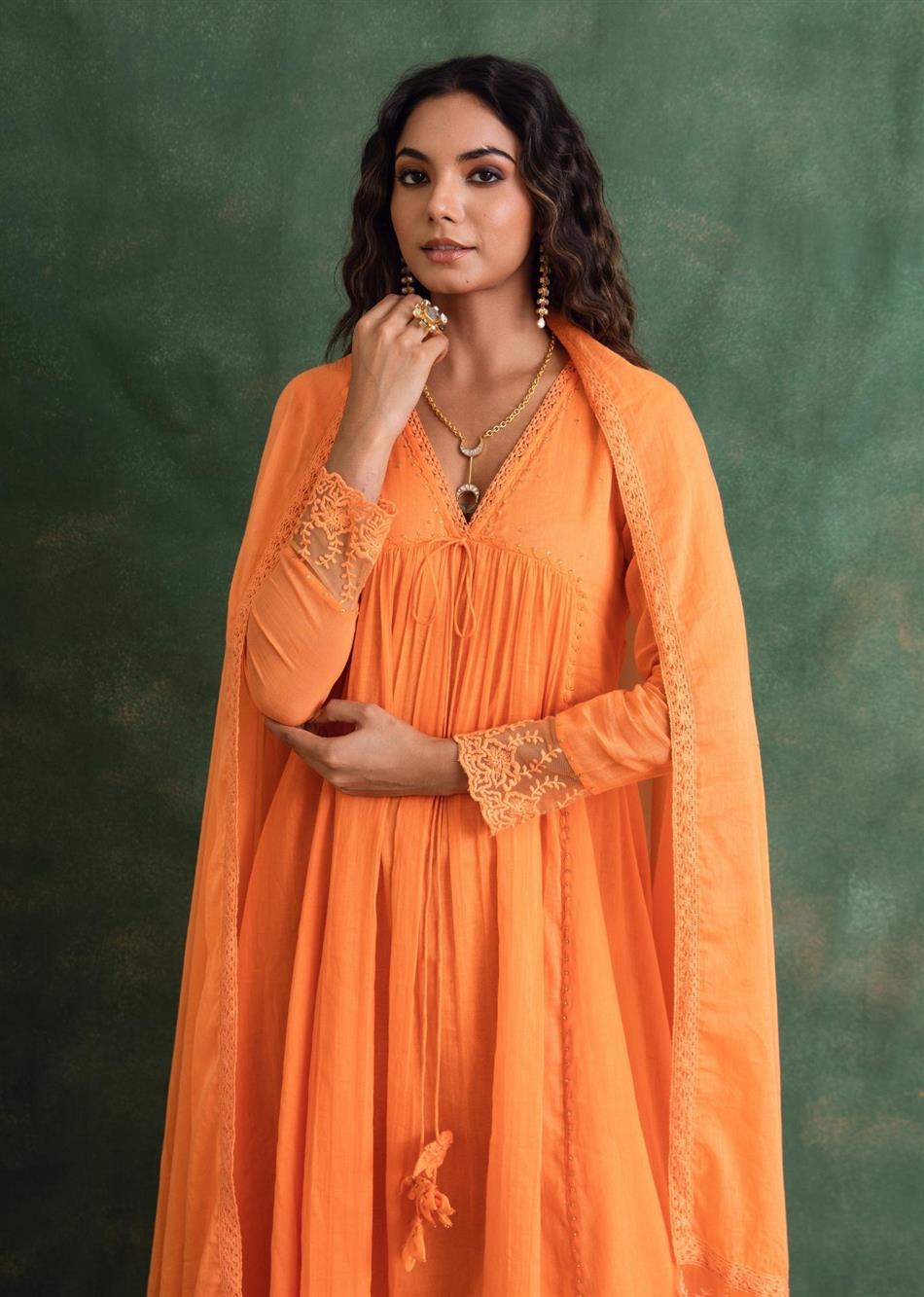 Rangrezee - Candy Orange V - Neck Anarkali (Set of 3) By Jovi Fashion