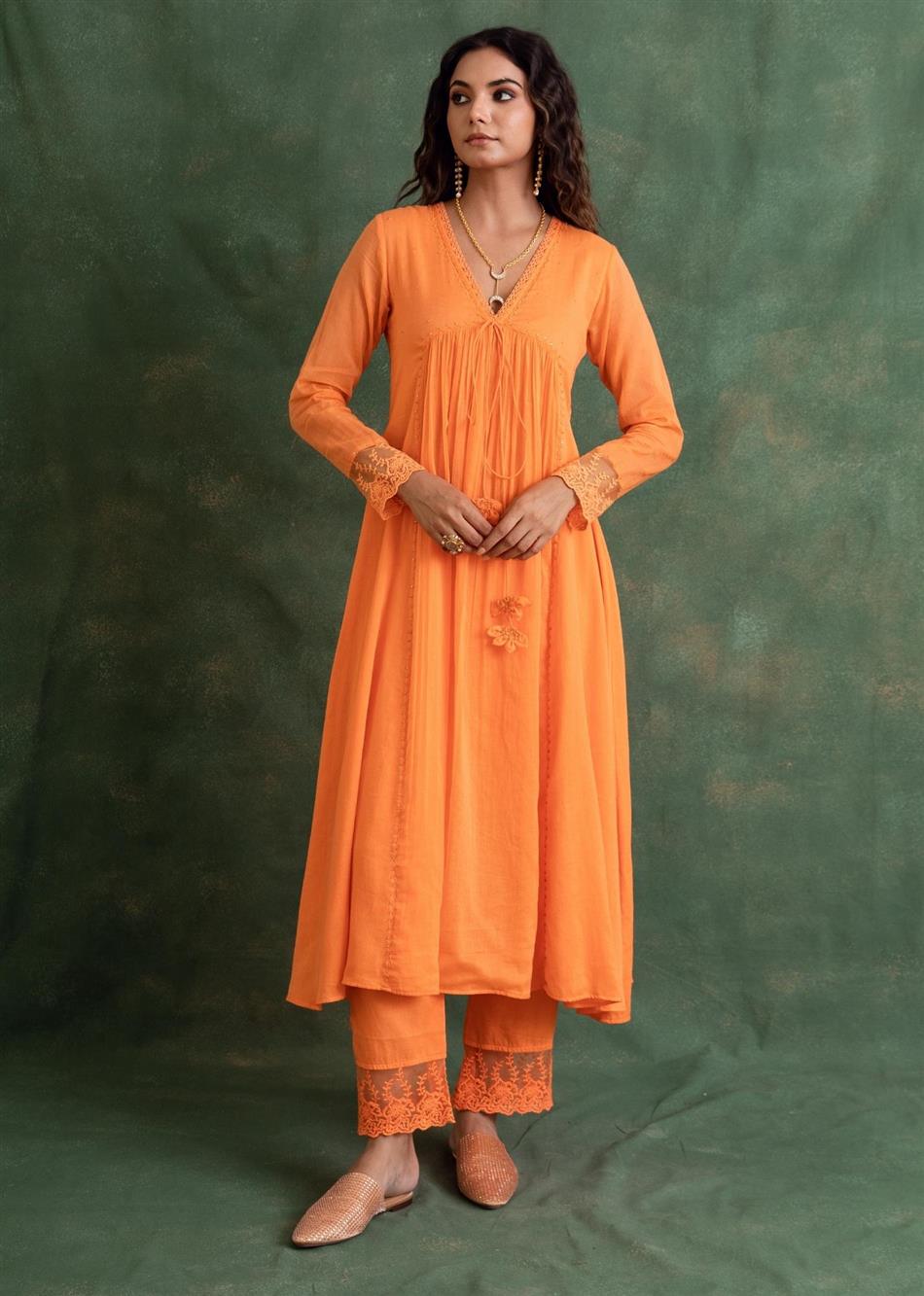 Rangrezee - Candy Orange V - Neck Anarkali (Set of 3) By Jovi Fashion