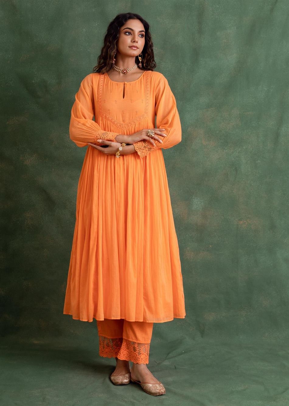 Rangrezee - Candy  Orange Key Hole Anarkali (Set of 3) By Jovi Fashion