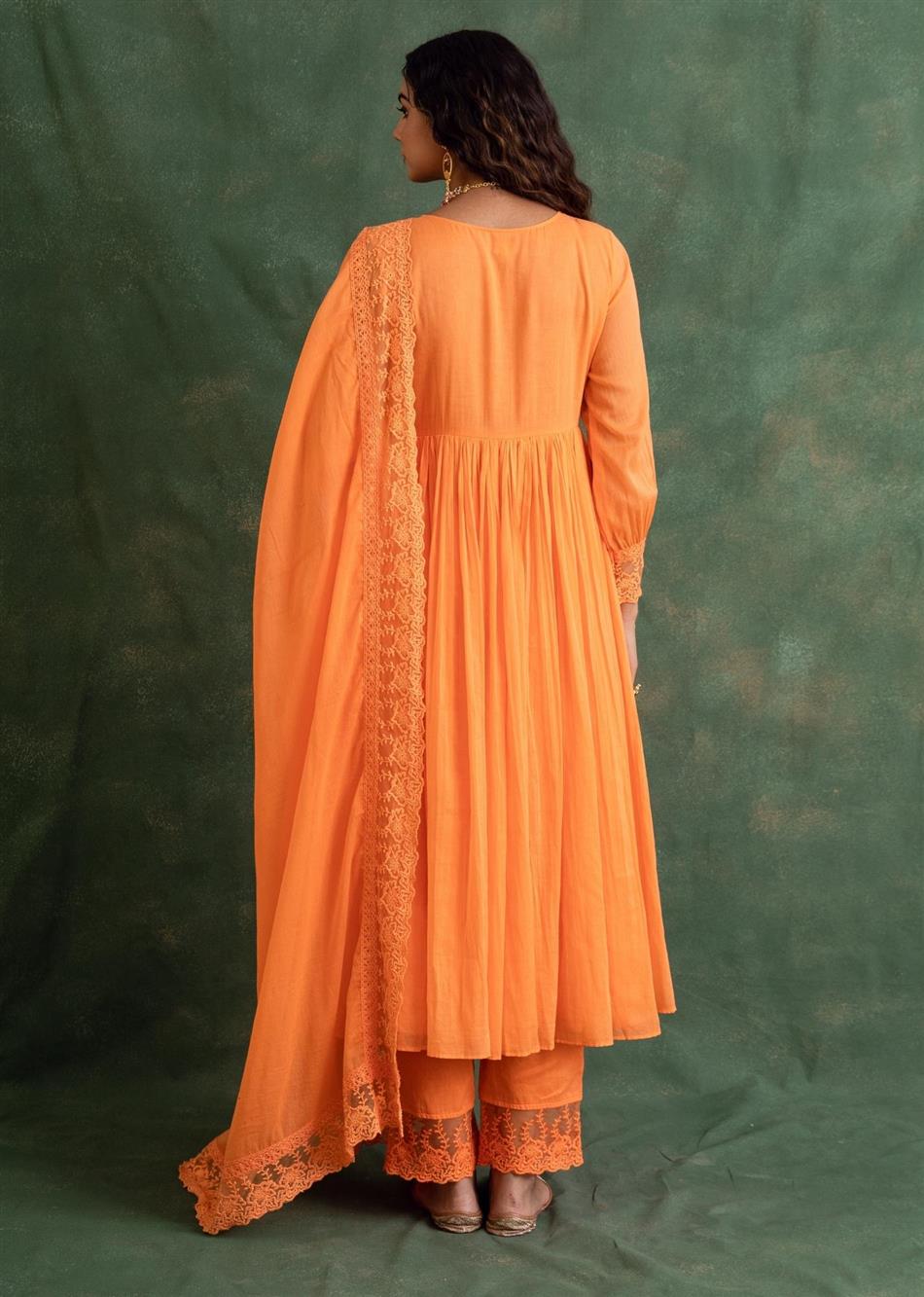 Rangrezee - Candy  Orange Key Hole Anarkali (Set of 3) By Jovi Fashion