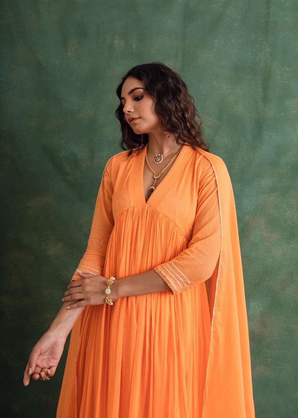 Rangrezee - Candy Orange Collar Neck Anarkali (Set of 3) By Jovi Fashion