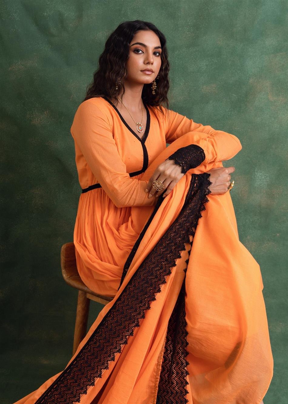 Rangrezee - Candy Orange Gathered Anarkali (Set of 3) By Jovi Fashion