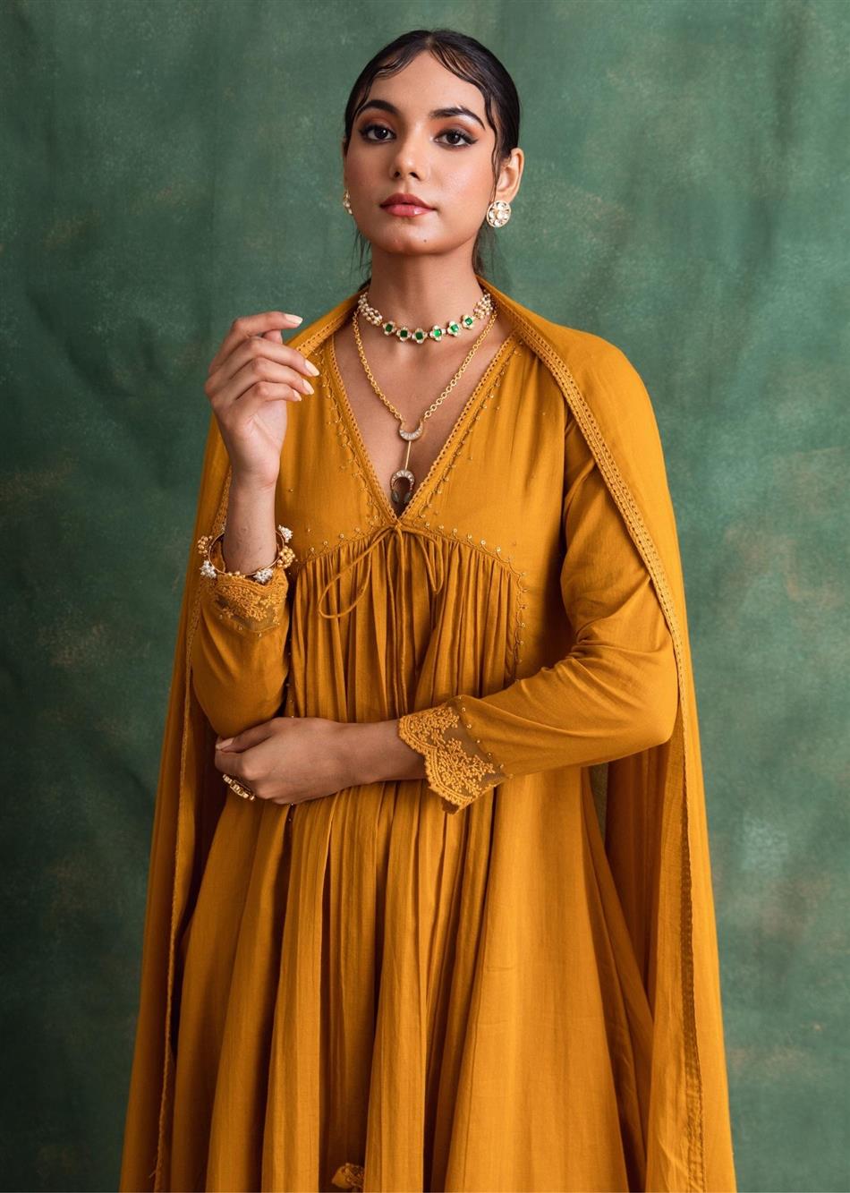 Rangrezee - Mustard V - Neck Anarkali (Set of 3) By Jovi Fashion