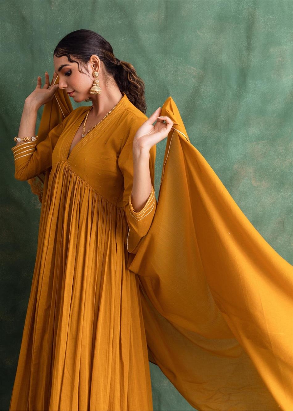 Rangrezee - Mustard Collar Neck Anarkali (Set of 3) By Jovi Fashion