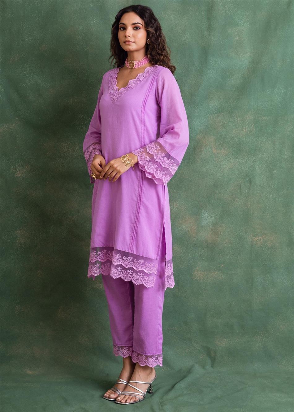 Rangrezee - Lavender Straight Suit Set (Set of 3) By Jovi Fashion